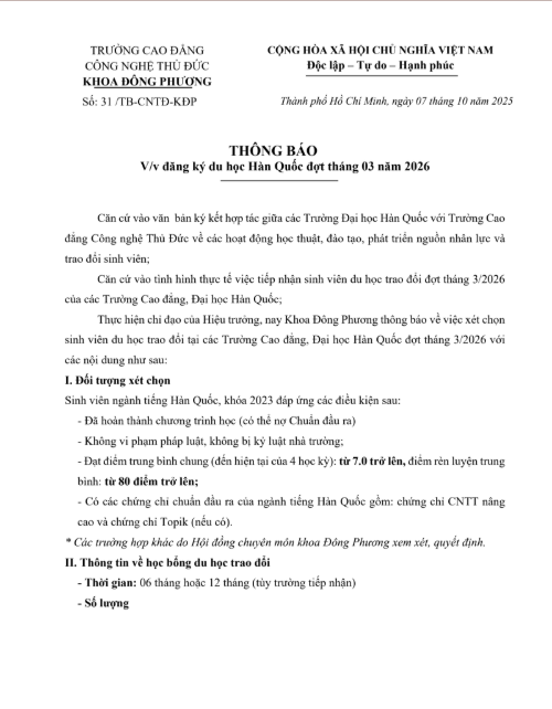 THÔNG BÁO ĐĂNG KÝ DU HỌC HÀN QUỐC ĐỢT THÁNG 3/2026